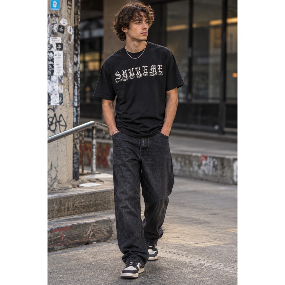 Supreme Rhinestone S/S Top Mens M Black Gothic Skater Logo Tee FW24 Streetwear